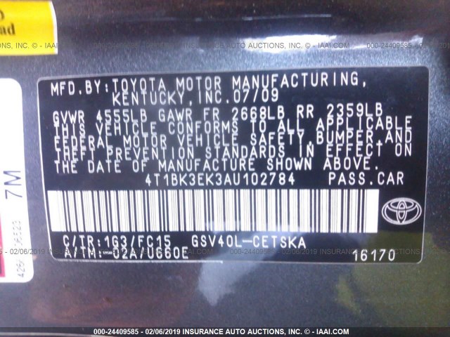 4T1BK3EK3AU102784 - 2010 TOYOTA CAMRY SE/LE/XLE 灰色 照片 9