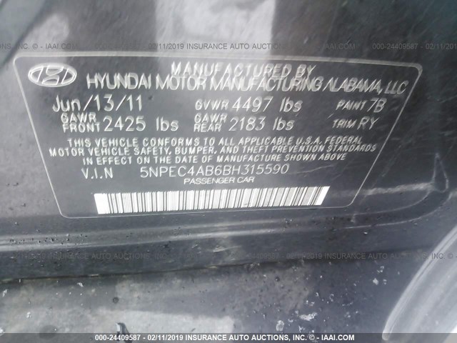 5NPEC4AB6BH315590 - 2011 HYUNDAI SONATA SE/LIMITED BLACK photo 9