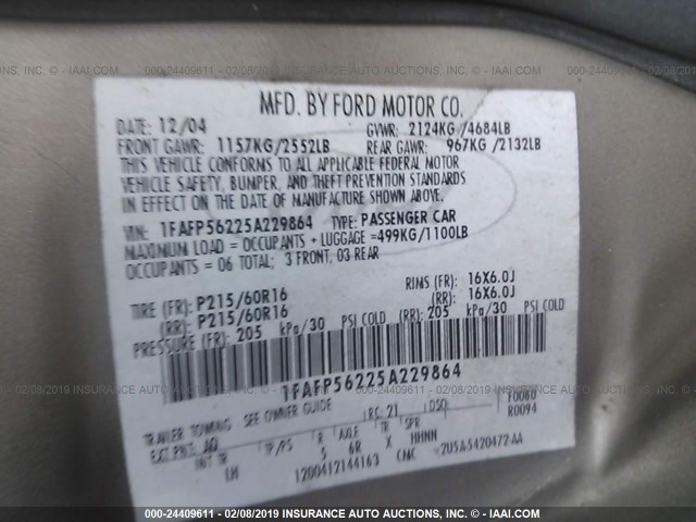 1FAFP56225A229864 - 2005 FORD TAURUS SEL BEIGE photo 9