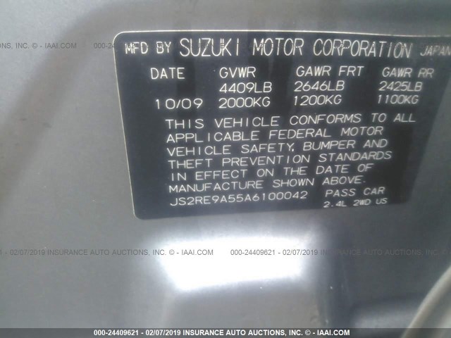 JS2RE9A55A6100042 - 2010 SUZUKI KIZASHI GTS SILVER photo 9