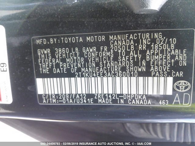 2T1KU4EE3AC360010 - 2010 TOYOTA COROLLA MATRIX  BLACK photo 9