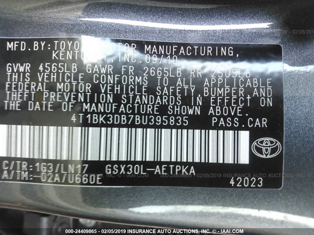 4T1BK3DB7BU395835 - 2011 TOYOTA AVALON LIMITED GRAY photo 9