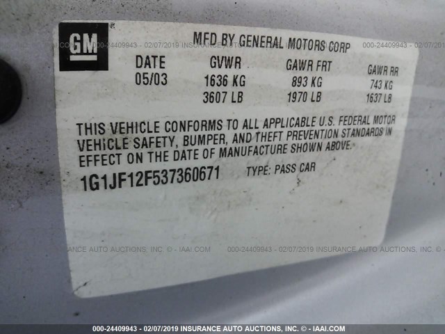 1G1JF12F537360671 - 2003 CHEVROLET CAVALIER LS SILVER photo 9