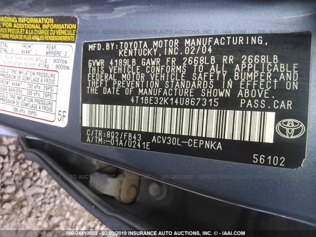 4T1BE32K14U867315 - 2004 TOYOTA CAMRY LE/XLE/SE BLUE photo 9