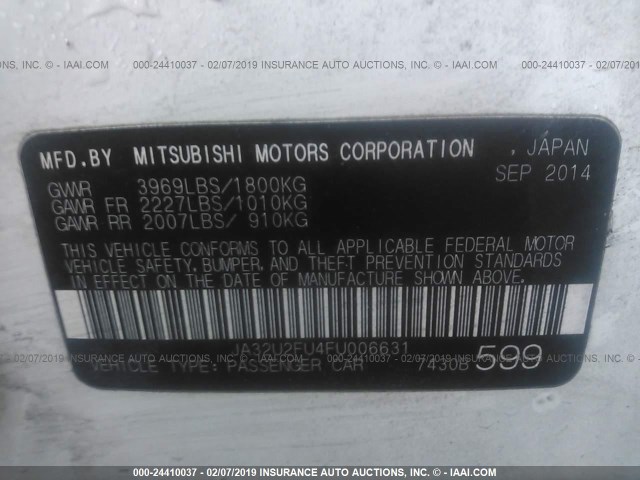 JA32U2FU4FU006631 - 2015 MITSUBISHI LANCER ES WHITE photo 9