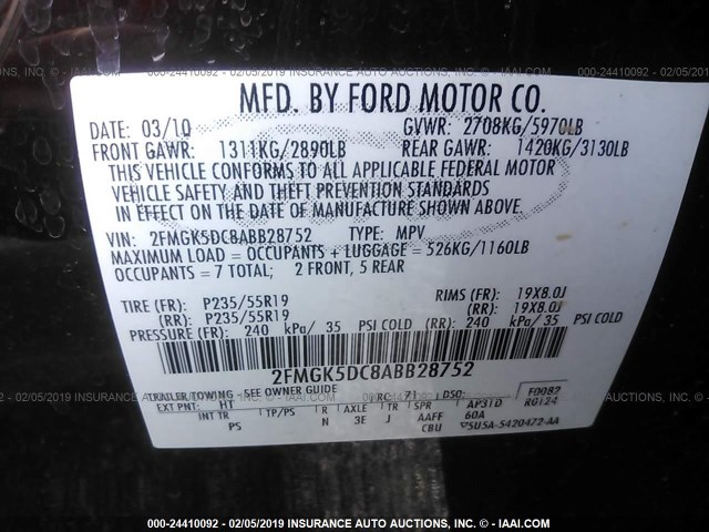 2FMGK5DC8ABB28752 - 2010 FORD FLEX LIMITED MAROON photo 9