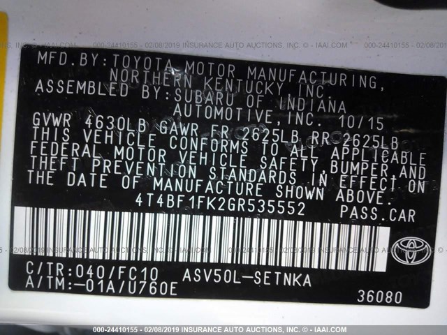 4T4BF1FK2GR535552 - 2016 TOYOTA CAMRY LE/XLE/SE/XSE თეთრი ფოტო 9