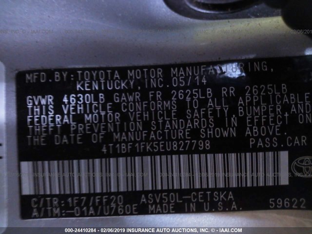 4T1BF1FK5EU827798 - 2014 TOYOTA CAMRY L/SE/LE/XLE 黑色 照片 9