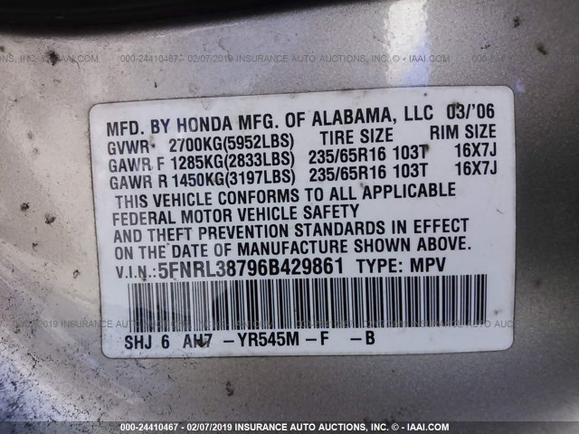 5FNRL38796B429861 - 2006 HONDA ODYSSEY EXL GOLD photo 9