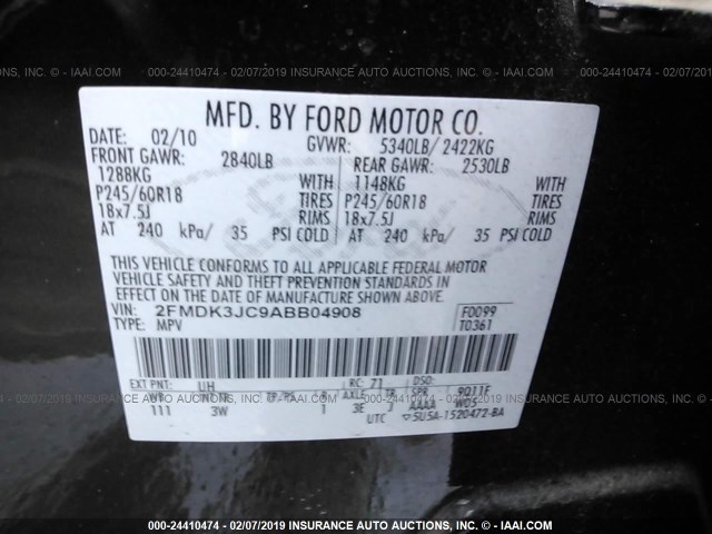 2FMDK3JC9ABB04908 - 2010 FORD EDGE SEL BLACK photo 9