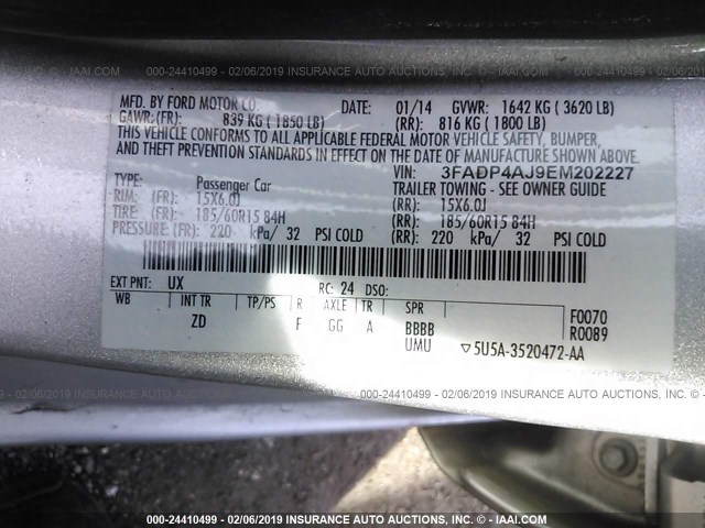 3FADP4AJ9EM202227 - 2014 FORD FIESTA S SILVER photo 9