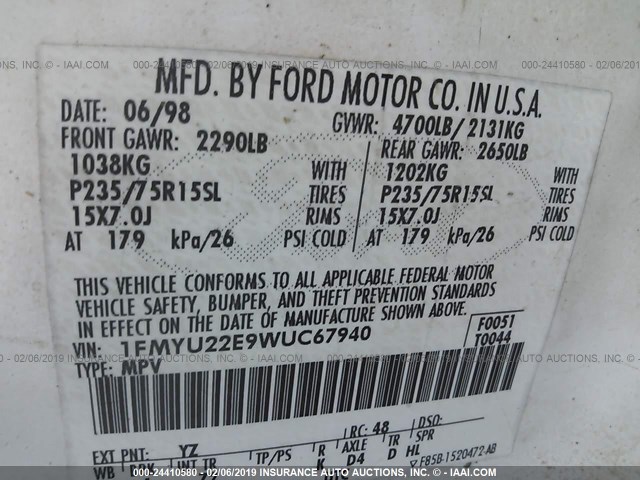 1FMYU22E9WUC67940 - 1998 FORD EXPLORER WHITE photo 9