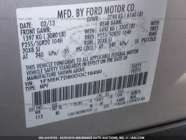 1FM5K7D80DGC18490 - 2013 FORD EXPLORER XLT SILVER photo 9