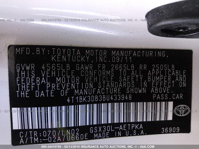 4T1BK3DB3BU433948 - 2011 TOYOTA AVALON LIMITED WHITE photo 9