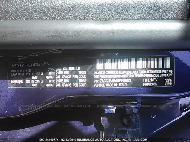 ZACCJBAB4HPF99092 - 2017 JEEP RENEGADE SPORT Կապույտ լուսանկար 9