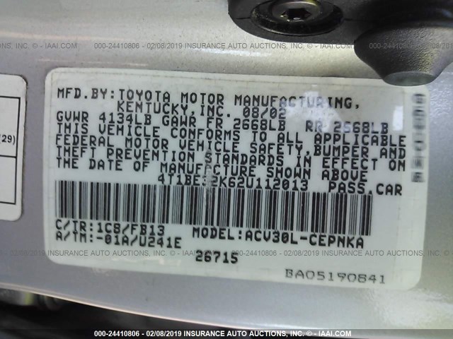 4T1BE32K62U112013 - 2002 TOYOTA CAMRY LE/XLE/SE SILVER photo 9