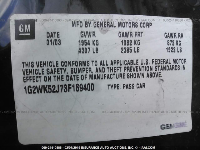 1G2WK52J73F169400 - 2003 PONTIAC GRAND PRIX SE შავი ფოტო 9