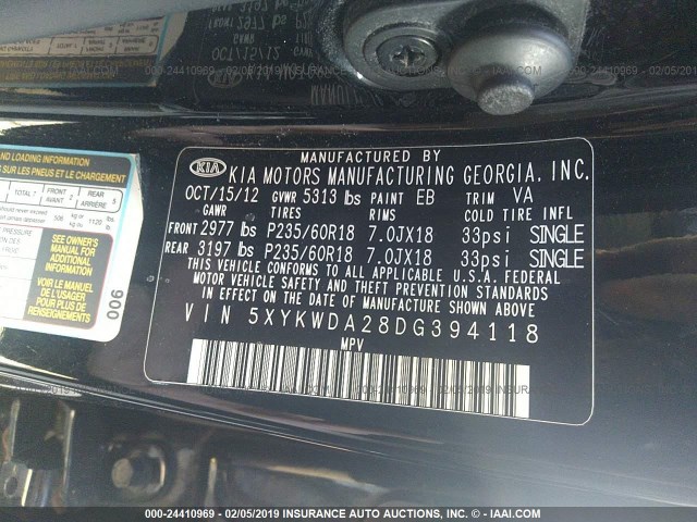 5XYKWDA28DG394118 - 2013 KIA SORENTO SX BLACK photo 9