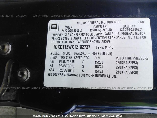 1GKDT13WX12102737 - 2001 GMC JIMMY BLUE photo 9