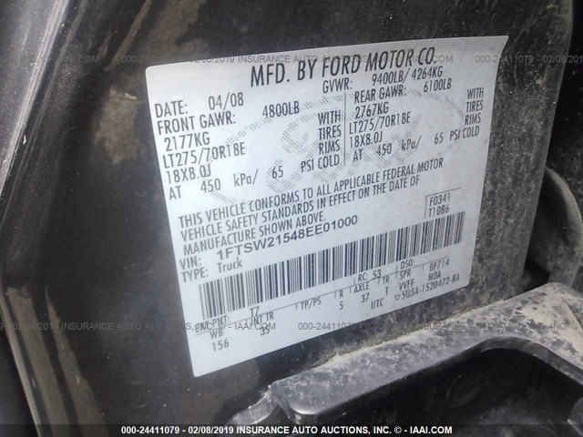 1FTSW21548EE01000 - 2008 FORD F250 SUPER DUTY Սև լուսանկար 9