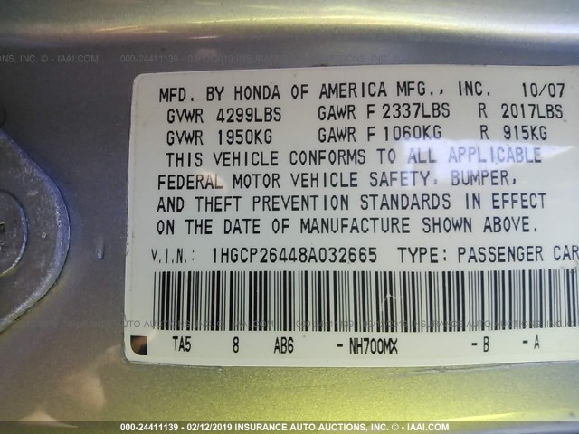 1HGCP26448A032665 - 2008 HONDA ACCORD LXP SILVER photo 9