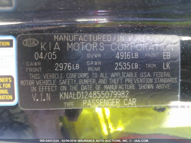 KNALD124855079982 - 2005 KIA AMANTI BLACK photo 9