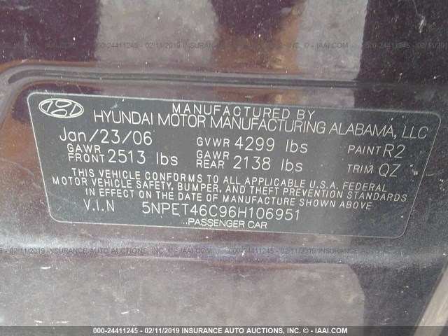 5NPET46C96H106951 - 2006 HYUNDAI SONATA GL PURPLE photo 9