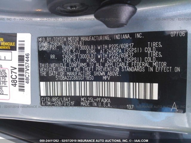 5TDBA22C66S071850 - 2006 TOYOTA SIENNA XLE/XLE LIMITED BLUE photo 9