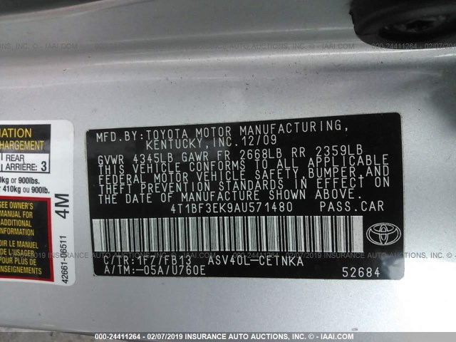 4T1BF3EK9AU571480 - 2010 TOYOTA CAMRY SE/LE/XLE 银色 照片 9