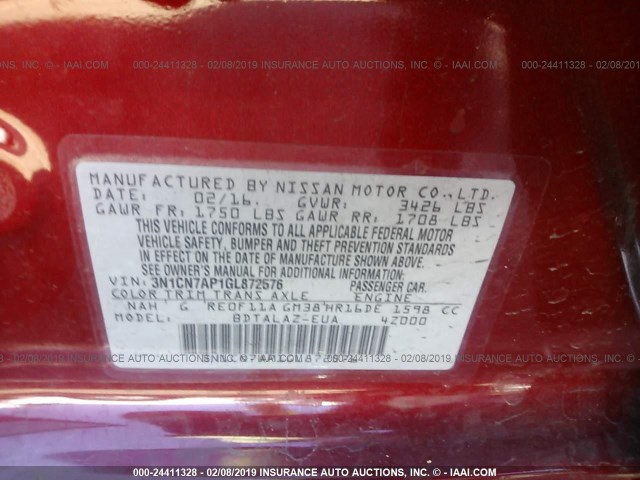 3N1CN7AP1GL872576 - 2016 NISSAN VERSA S/S PLUS/SV/SL RED photo 9