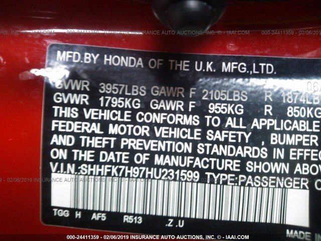 SHHFK7H97HU231599 - 2017 HONDA CIVIC SPORT TOURING Rot Foto 9