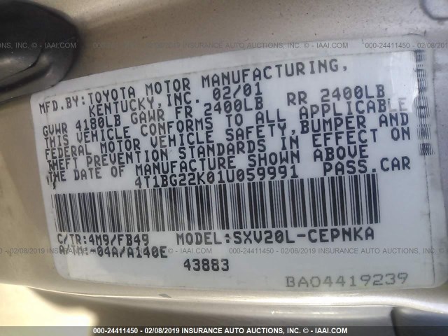 4T1BG22K01U059991 - 2001 TOYOTA CAMRY CE/LE/XLE TAN photo 9