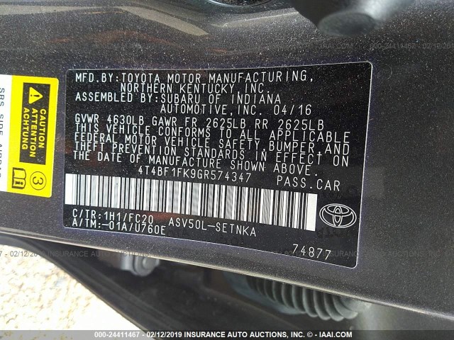 4T4BF1FK9GR574347 - 2016 TOYOTA CAMRY LE/XLE/SE/XSE 灰色 照片 9