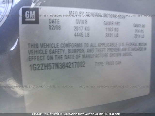 1G2ZH57N384217002 - 2008 PONTIAC G6 GT GRAY photo 9