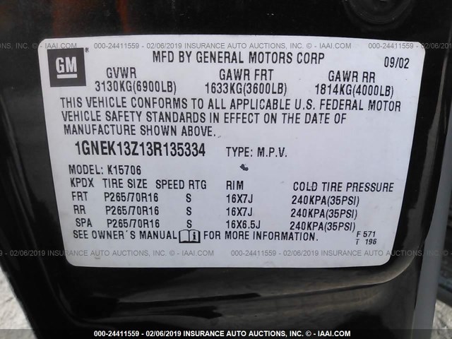 1GNEK13Z13R135334 - 2003 CHEVROLET TAHOE K1500 BLACK photo 9