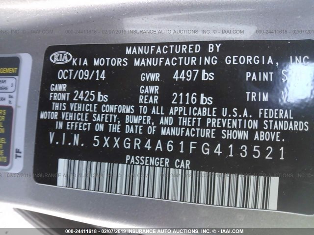 5XXGR4A61FG413521 - 2015 KIA OPTIMA SX ვერცხლისფერი ფოტო 9