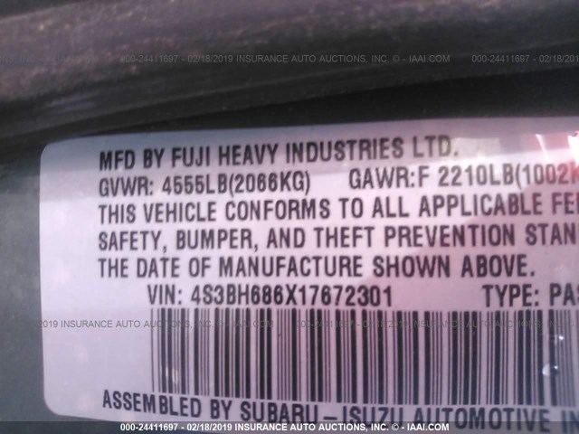 4S3BH686X17672301 - 2001 SUBARU LEGACY OUTBACK LIMITED GREEN photo 9