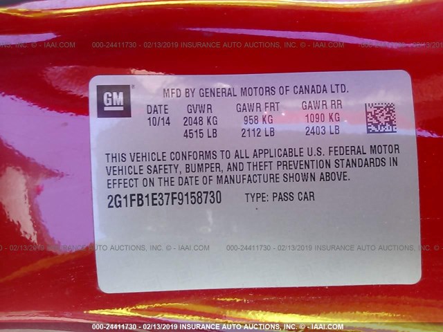 2G1FB1E37F9158730 - 2015 CHEVROLET CAMARO LS RED photo 9