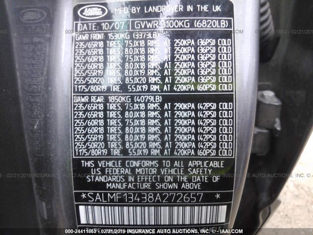 SALMF13438A272657 - 2008 LAND ROVER RANGE ROVER SUPERCHARGED SILVER photo 9