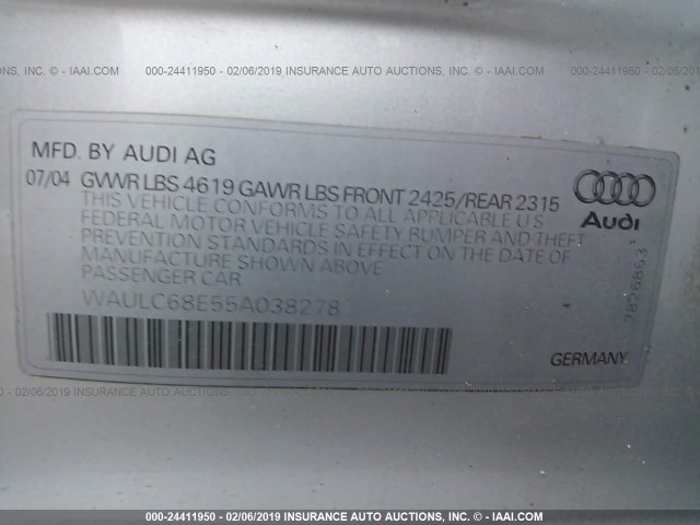 WAULC68E55A038278 - 2005 AUDI A4 1.8T QUATTRO/SPECIAL SILVER photo 9