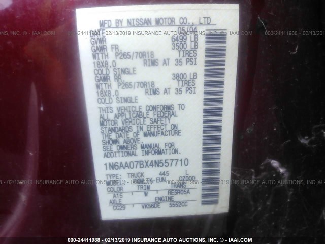 1N6AA07BX4N557710 - 2004 NISSAN TITAN XE/SE/LE RED photo 9