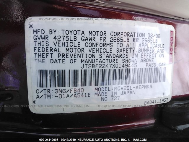 JT2BF22K7X0149445 - 1999 TOYOTA CAMRY LE/XLE Қызыл фото 9