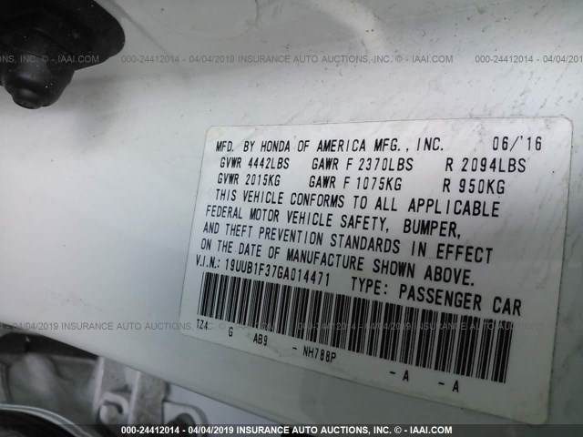 19UUB1F37GA014471 - 2016 ACURA TLX WHITE photo 9