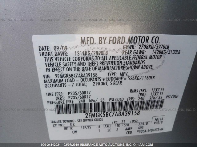 2FMGK5BC7ABA39158 - 2010 FORD FLEX SE SILVER photo 9