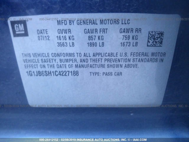 1G1JB6SH1C4227188 - 2012 CHEVROLET SONIC LS BLUE photo 9