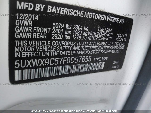 5UXWX9C57F0D57655 - 2015 BMW X3 XDRIVE28I WHITE photo 9