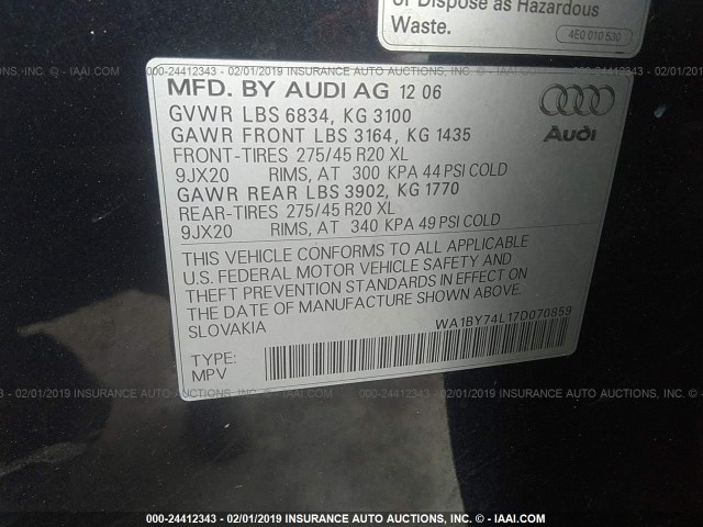 WA1BY74L17D070859 - 2007 AUDI Q7 3.6 QUATTRO PREMIUM BLUE photo 9