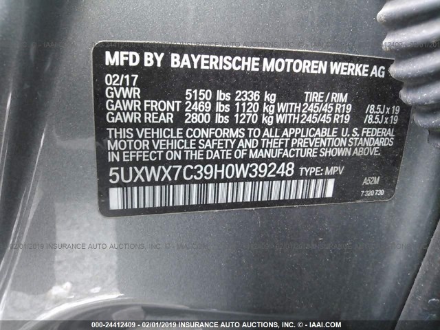 5UXWX7C39H0W39248 - 2017 BMW X3 XDRIVE35I GRAY photo 9