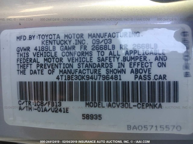 4T1BE30K94U796481 - 2004 TOYOTA CAMRY LE/XLE/SE SILVER photo 9