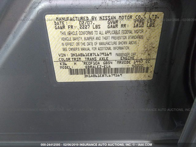 3N1AB61E87L679169 - 2007 NISSAN SENTRA 2.0/2.0S/2.0SL GRAY photo 9